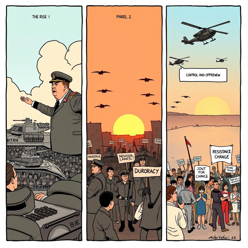 Three-panel comic strip illustrating military dictatorships, each panel showcasing a different aspect