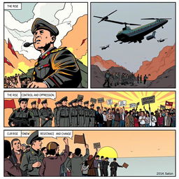 Three-panel comic strip illustrating military dictatorships, each panel showcasing a different aspect