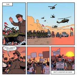 Three-panel comic strip illustrating military dictatorships, each panel showcasing a different aspect