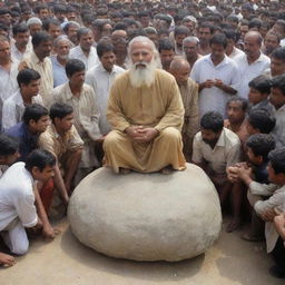 A repeat scenario with the wise man in the public gathering, indicating towards a large stone resting on the ground. This heavy stone serves as a powerful metaphor for the weight of disunity, capturing the gaze of the entire crowd.