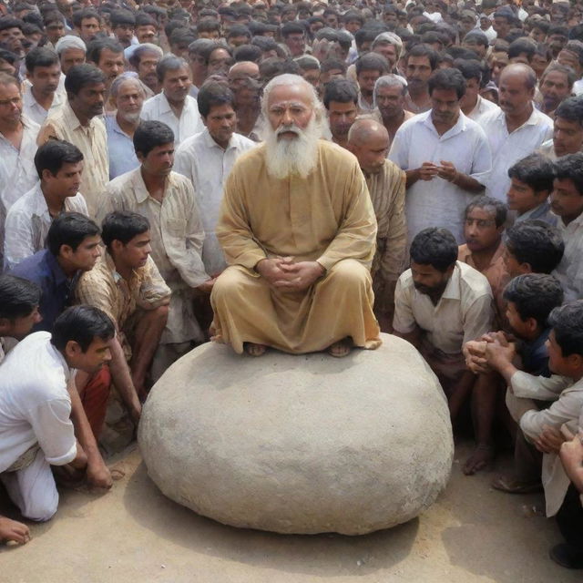 A repeat scenario with the wise man in the public gathering, indicating towards a large stone resting on the ground. This heavy stone serves as a powerful metaphor for the weight of disunity, capturing the gaze of the entire crowd.