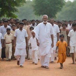 A heartwarming scene showing the same wise man summoning four children, each representing the Tamil, Sinhala, Muslim, and Christian races of the village, as they step forward amidst an anticipative crowd.