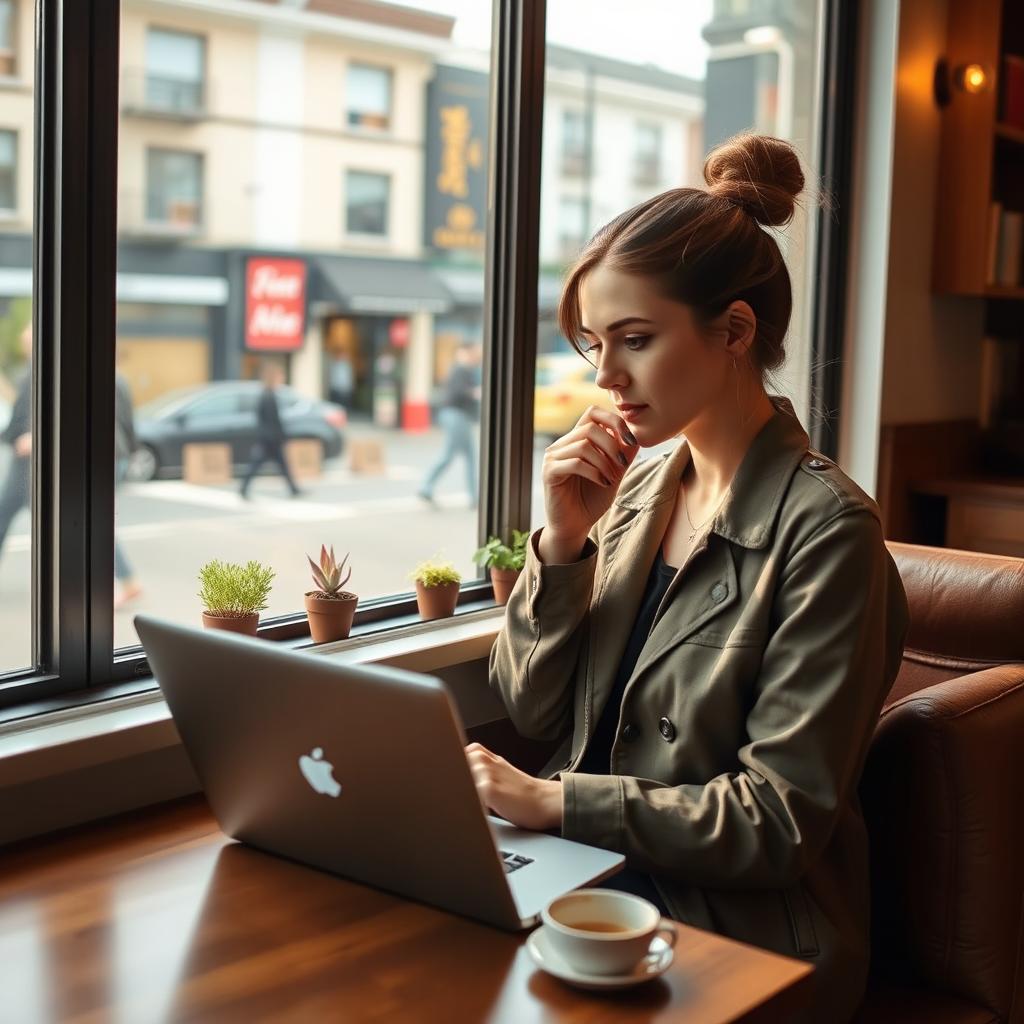 A woman sitting in a cozy coffee shop by a large window, natural light streaming in