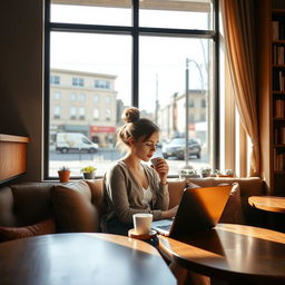 A woman sitting in a cozy coffee shop by a large window, natural light streaming in