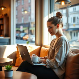 A woman sitting in a cozy coffee shop by a large window, natural light streaming in