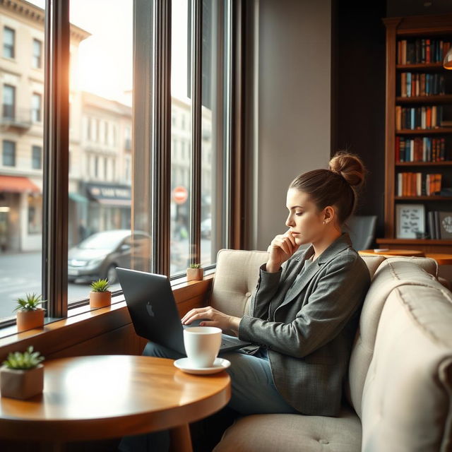 A woman sitting in a cozy coffee shop by a large window, natural light streaming in