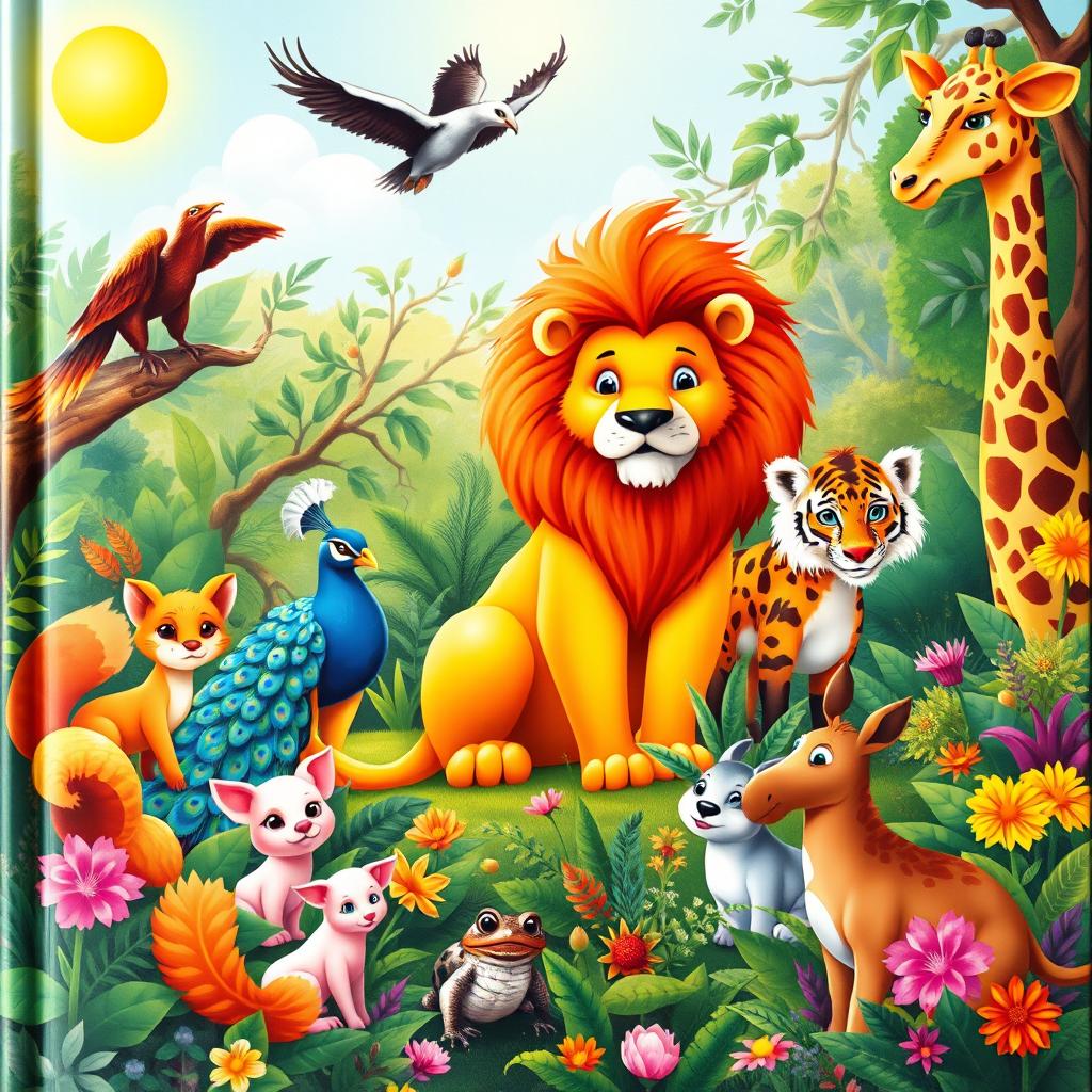 A colorful and enchanting book cover for a children's book featuring a variety of animals in a magical jungle setting