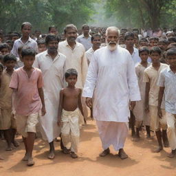 A heartwarming scene showing the same wise man summoning four children, each representing the Tamil, Sinhala, Muslim, and Christian races of the village, as they step forward amidst an anticipative crowd.