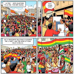 A three-part comic strip illustrating the democratic and cultural revolution in Bolivia