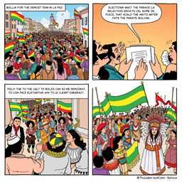 A three-part comic strip illustrating the democratic and cultural revolution in Bolivia