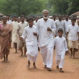 A heartwarming scene showing the same wise man summoning four children, each representing the Tamil, Sinhala, Muslim, and Christian races of the village, as they step forward amidst an anticipative crowd.