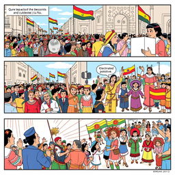 A three-part comic strip illustrating the democratic and cultural revolution in Bolivia