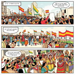 A three-part comic strip illustrating the democratic and cultural revolution in Bolivia