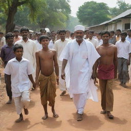 A heartwarming scene showing the same wise man summoning four children, each representing the Tamil, Sinhala, Muslim, and Christian races of the village, as they step forward amidst an anticipative crowd.