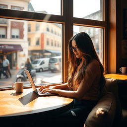 A woman with long, flowing hair sitting by a sunlit window in a cozy cafe