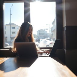 A woman with long, flowing hair sitting by a sunlit window in a cozy cafe