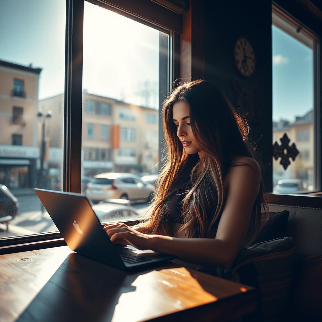 A woman with long, flowing hair sitting by a sunlit window in a cozy cafe