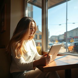 A woman with long, flowing hair sitting by a sunlit window in a cozy cafe