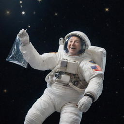 An elderly astronaut floating in space, gleefully collecting sparkling stars in a cosmic, transparent bag.