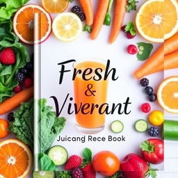 A beautiful and inviting cover for a juicing recipe book showcasing a diverse range of vibrantly colored fruits and vegetables like oranges, carrots, kale, berries, and cucumbers