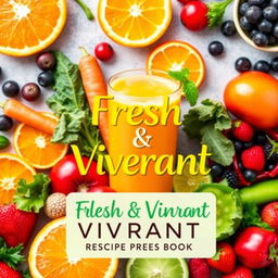 A beautiful and inviting cover for a juicing recipe book showcasing a diverse range of vibrantly colored fruits and vegetables like oranges, carrots, kale, berries, and cucumbers