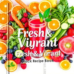 A beautiful and inviting cover for a juicing recipe book showcasing a diverse range of vibrantly colored fruits and vegetables like oranges, carrots, kale, berries, and cucumbers