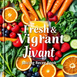 A beautiful and inviting cover for a juicing recipe book showcasing a diverse range of vibrantly colored fruits and vegetables like oranges, carrots, kale, berries, and cucumbers