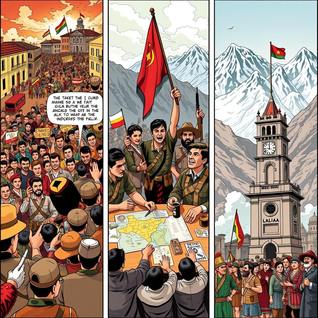 A captivating triptych comic strip depicting the Bolivian National Revolution