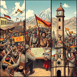 A captivating triptych comic strip depicting the Bolivian National Revolution