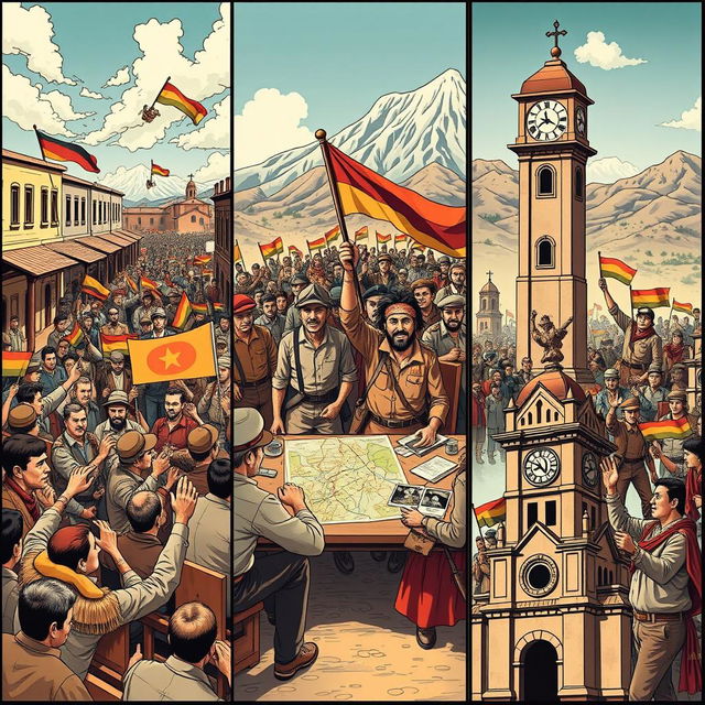 A captivating triptych comic strip depicting the Bolivian National Revolution