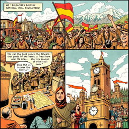 A captivating triptych comic strip depicting the Bolivian National Revolution