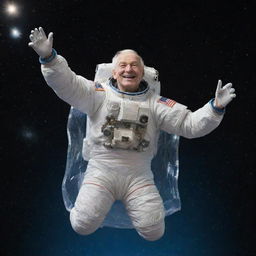 An elderly astronaut floating in space, gleefully collecting sparkling stars in a cosmic, transparent bag.