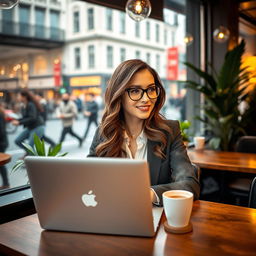 A sophisticated woman sitting in a cozy cafe with a laptop open in front of her