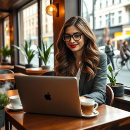 A sophisticated woman sitting in a cozy cafe with a laptop open in front of her