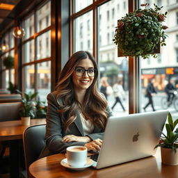 A sophisticated woman sitting in a cozy cafe with a laptop open in front of her