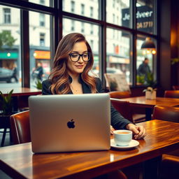 A sophisticated woman sitting in a cozy cafe with a laptop open in front of her