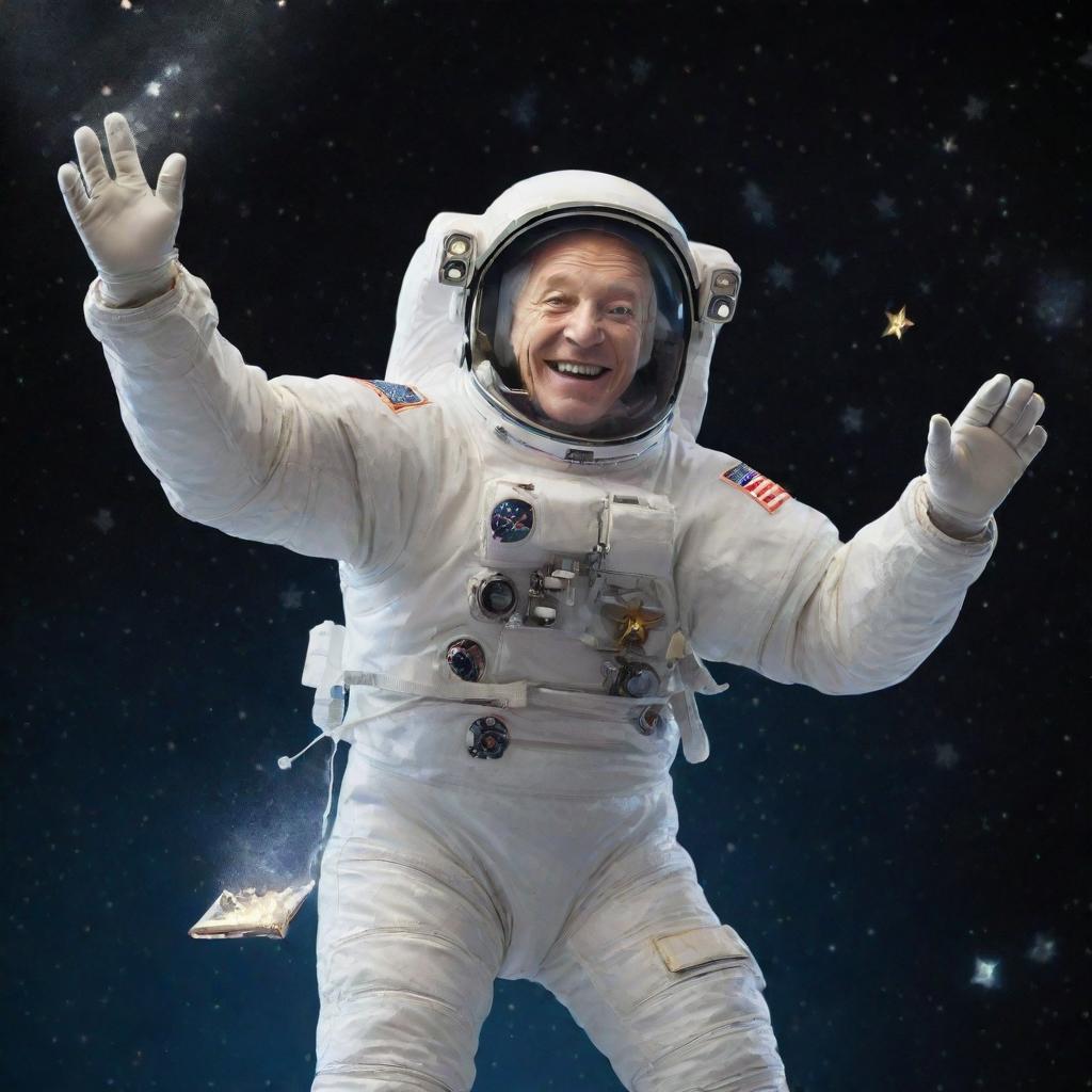 An elderly astronaut floating in space, gleefully collecting sparkling stars in a cosmic, transparent bag.