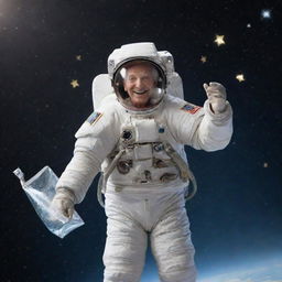 An elderly astronaut floating in space, gleefully collecting sparkling stars in a cosmic, transparent bag.