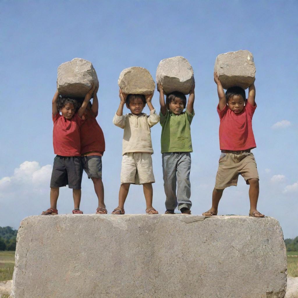 A dynamic image demonstrating the four children, each representing different racial communities, struggling individually to move the heavy stone, their effort and determination mirrored in their faces and postures.