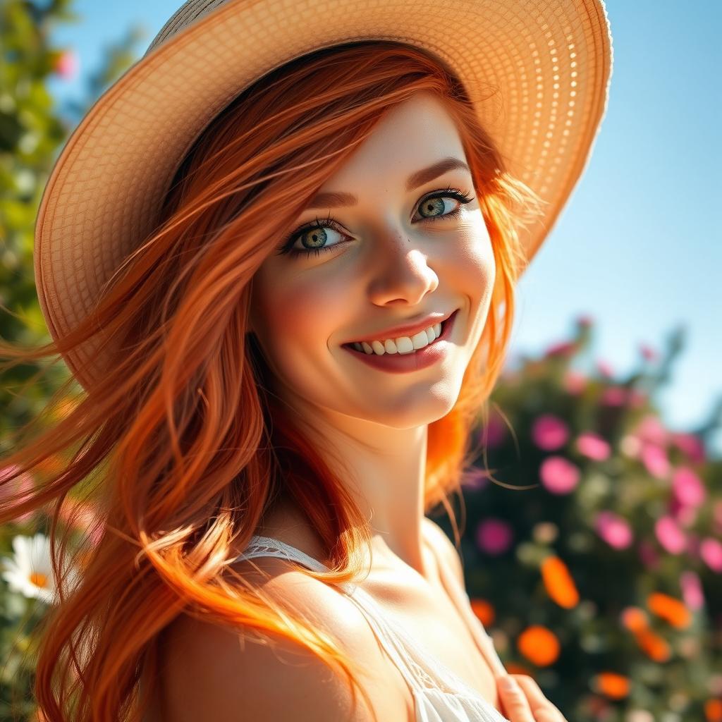 A stunning young redhead woman with vibrant, flowing hair cascading over her shoulders