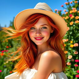 A stunning young redhead woman with vibrant, flowing hair cascading over her shoulders