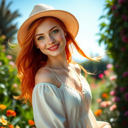 A stunning young redhead woman with vibrant, flowing hair cascading over her shoulders