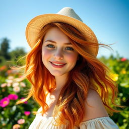 A stunning young redhead woman with vibrant, flowing hair cascading over her shoulders