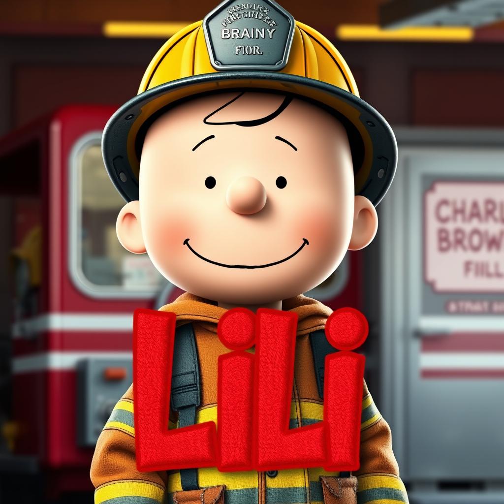 a vibrant piece of digital art depicting the iconic character, Charlie Brown, dressed as a firefighter