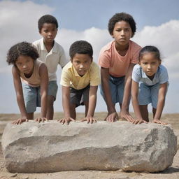 A dynamic image demonstrating the four children, each representing different racial communities, struggling individually to move the heavy stone, their effort and determination mirrored in their faces and postures.