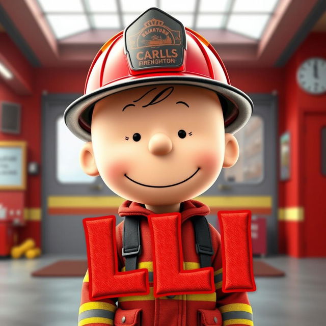 a vibrant piece of digital art depicting the iconic character, Charlie Brown, dressed as a firefighter