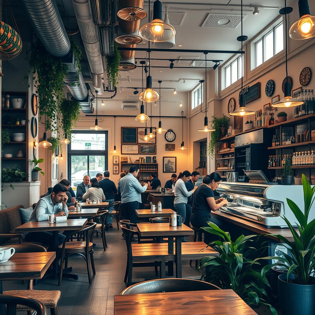 A cozy and inviting cafe interior, filled with warm lighting, rustic wooden tables, and comfortable seating