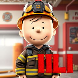 a vibrant piece of digital art depicting the iconic character, Charlie Brown, dressed as a firefighter