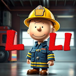 a vibrant piece of digital art depicting the iconic character, Charlie Brown, dressed as a firefighter