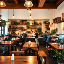 A cozy and inviting cafe interior, filled with warm lighting, rustic wooden tables, and comfortable seating